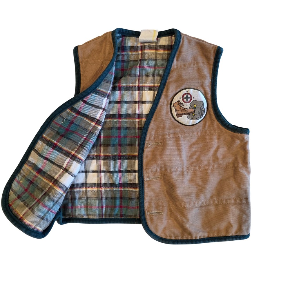 Vintage 80s 90s Toddler Canvas Hiking Vest Plaid Lined Tan 12 Months RN 16694